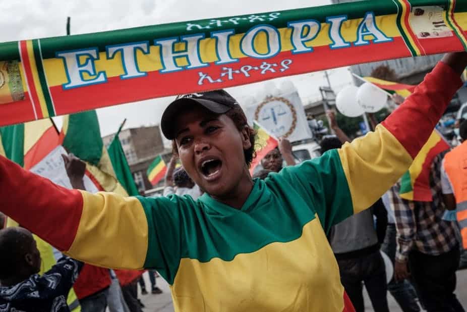 Supporters of Ethiopian Citizens for Social Justice opposition party rally at Maskel Square in Addis Ababa, on June 16, 2021. Photo by Yasuyoshi Chiba/AFP via Getty Images